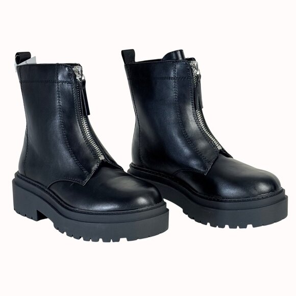 Edgy Black Combat Ankle Boots Sz 9 Chunky Lug Platform Front Zipper Biker Chick - Picture 2 of 16